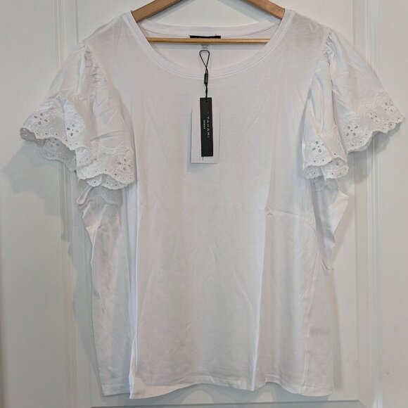 T Tahari Top Size 3X White Crochet Scalloped Lace Short Flutter Sleeves NWT Airy - Picture 2 of 14
